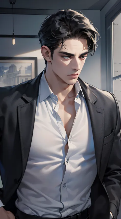 (best quality, masterpiece, 8K, photorealistic, cinematic lighting, hdr image, ultra detailed, beautiful image), a mature man, very handsome, serious, short black hair, black eyes, perfect face without errors, ((buttoning the jacket, CEO))