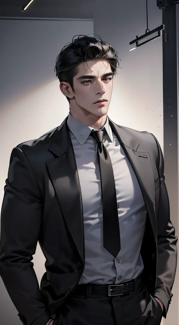 (best quality, masterpiece, 8K, photorealistic, cinematic lighting, hdr image, ultra detailed, beautiful image), a mature man, very handsome, serious, short black hair, black eyes, perfect face without errors, ((buttoning the jacket, CEO))