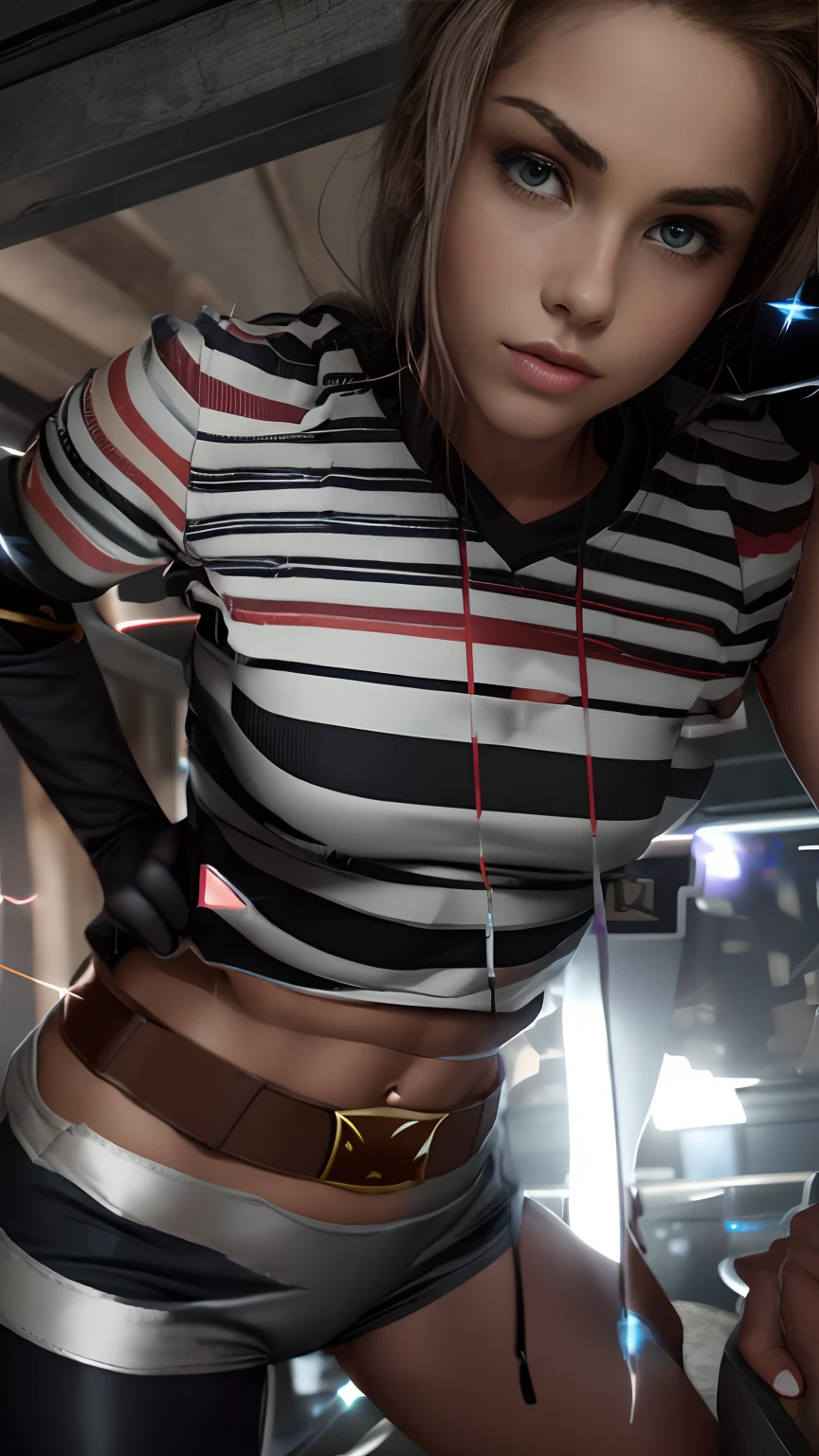 There is a woman in a striped shirt and leather shorts - SeaArt AI