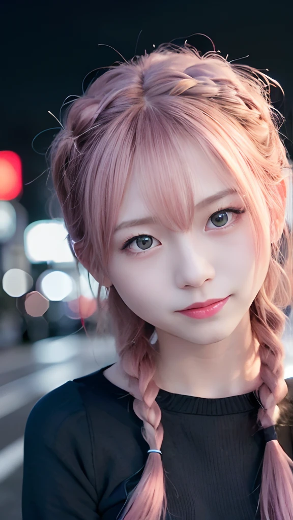 女の子1人、on tokyo street、natta、A city scape、city light、The upper part of the body、up close shot、Blue eyes,Full body,faces、(A smile:1.5)、small tits、Black long-sleeved uniform、(8K、Raw photography、top-quality、​masterpiece:1.2)、(realisitic、photoRealstic:1.37), (Pink hair), Ear Hair, , Single braid, (Single braid), (Side braid)