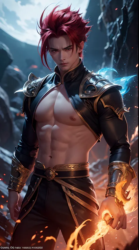 An 8k masterpiece, highest resolution, every detail, meticulous detail, depth of field, bright colors, beautiful composition: stunning take on an anime character Gohan with brilliant red hair and beautifully detailed glowing eyes, standing against a dark a...