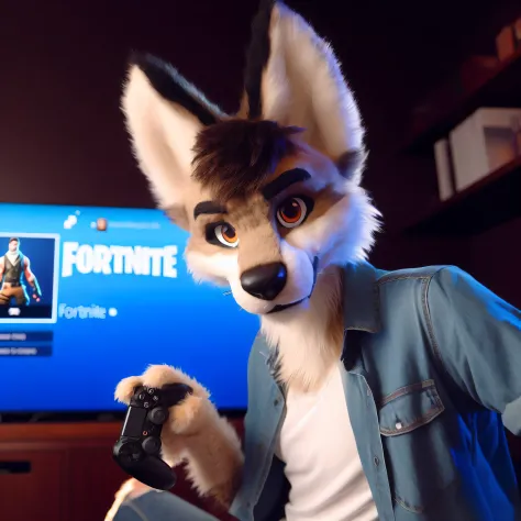 a handsome young 25 year old gay furry looking at the viewer while playing a game of fortnite on his PlayStation 4 and holding a controller in his left hand