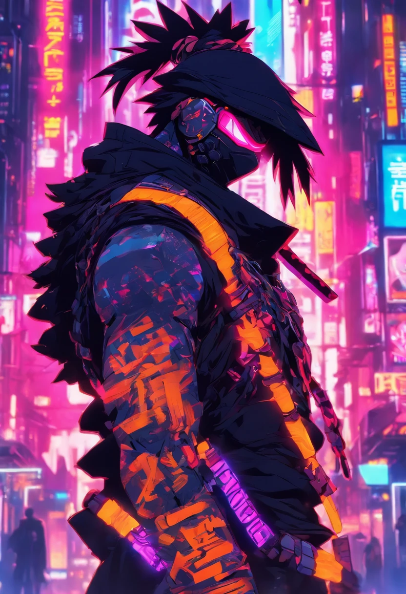 cyber punk ninja guy, with hip hop style in neo tokyo world, 2 swords on his back, neon lights, high quality, anime style