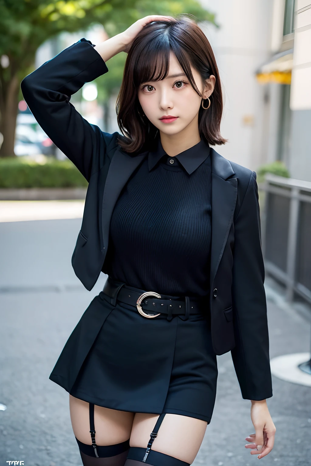 A woman in a black suit and thigh high boots posing for a picture - SeaArt  AI