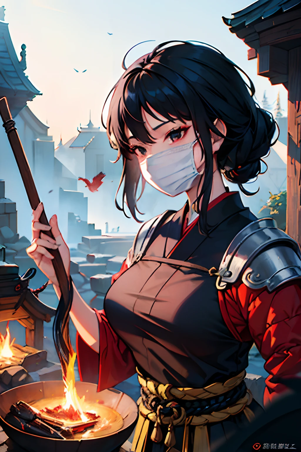 a close up of a blacksmith woman with black hair and a ((Oni mask)), beautiful character painting, ((Blacksmith)), guweiz, artwork in the style of guweiz, black haired deity, by Yang J, epic exquisite character art, stunning character art, by Fan Qi, by Wuzhun Shifan, guweiz on pixiv artstation, ((Black eyes))