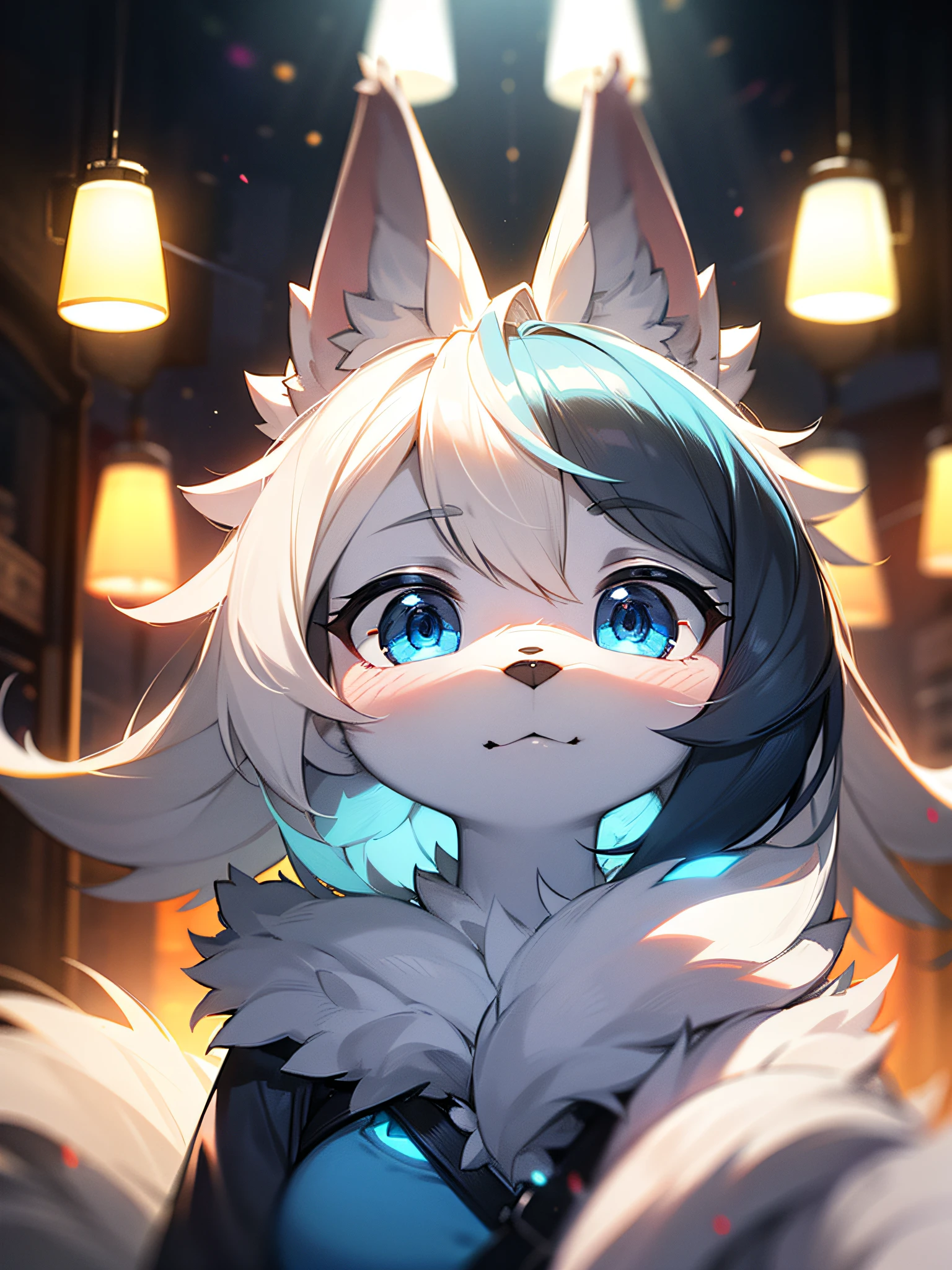 furry, white fur, ultra cute face, blue elements on fur, beautiful lights and shadows, ambient light, ultra detailed fur, volumetric light