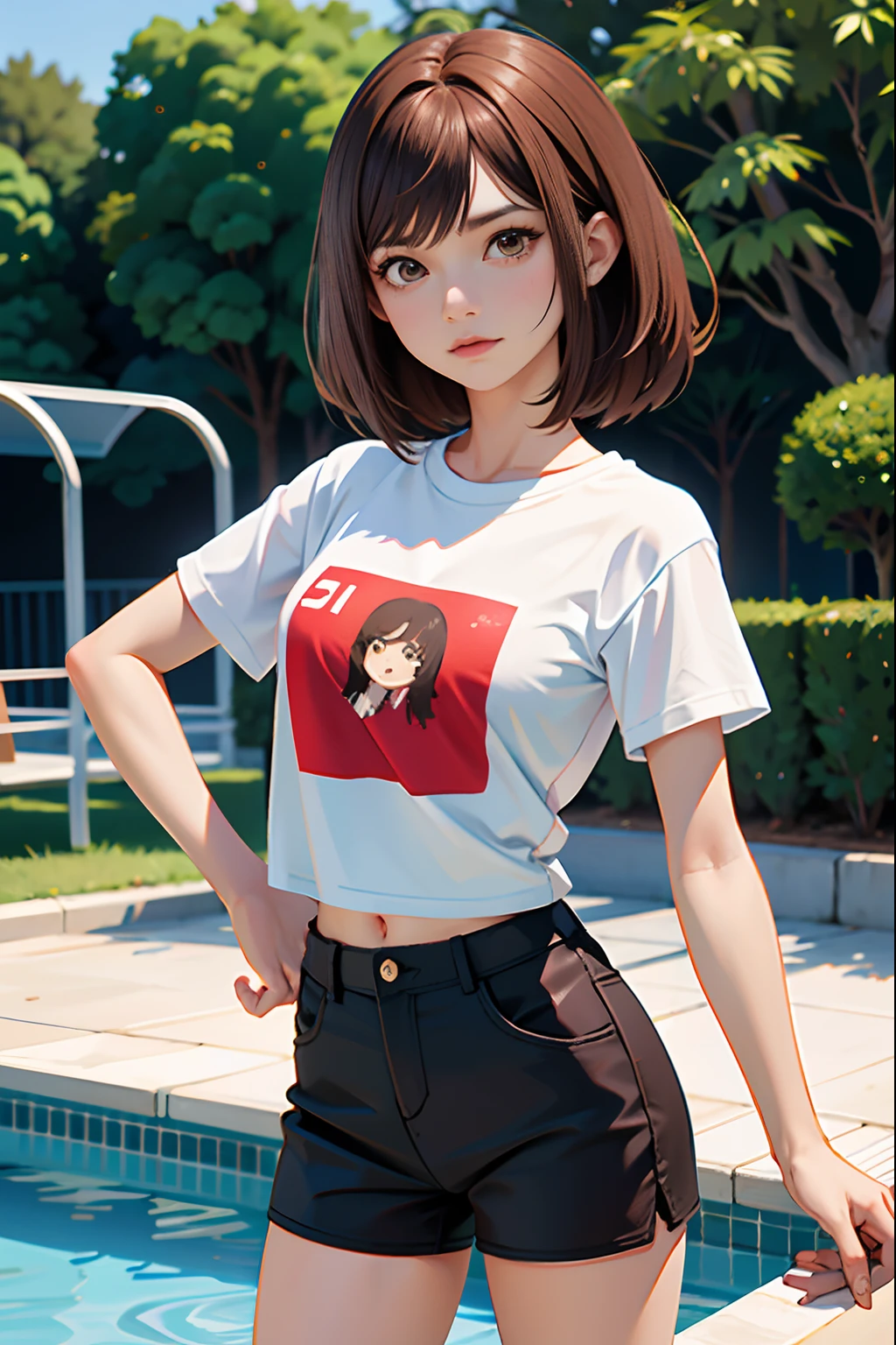 ,La mejor calidad ,pelo largo  , Caucasian anime girl max caulfield ,ojos grandes , , brown hair , feliz , , piel suave, , ojos expresivos , , , Camiseta roja de manga larga, short pants , pool