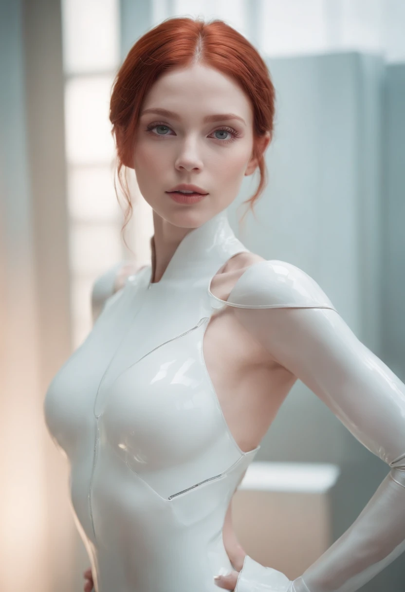 (best quality:1.2),futuristic photograph of a humanoid with perfect body,red hair,porcelain-like skin,and a delicate blend of human and cybernetic features,delicate shapes,sci-fi,studio lighting,vivid colors