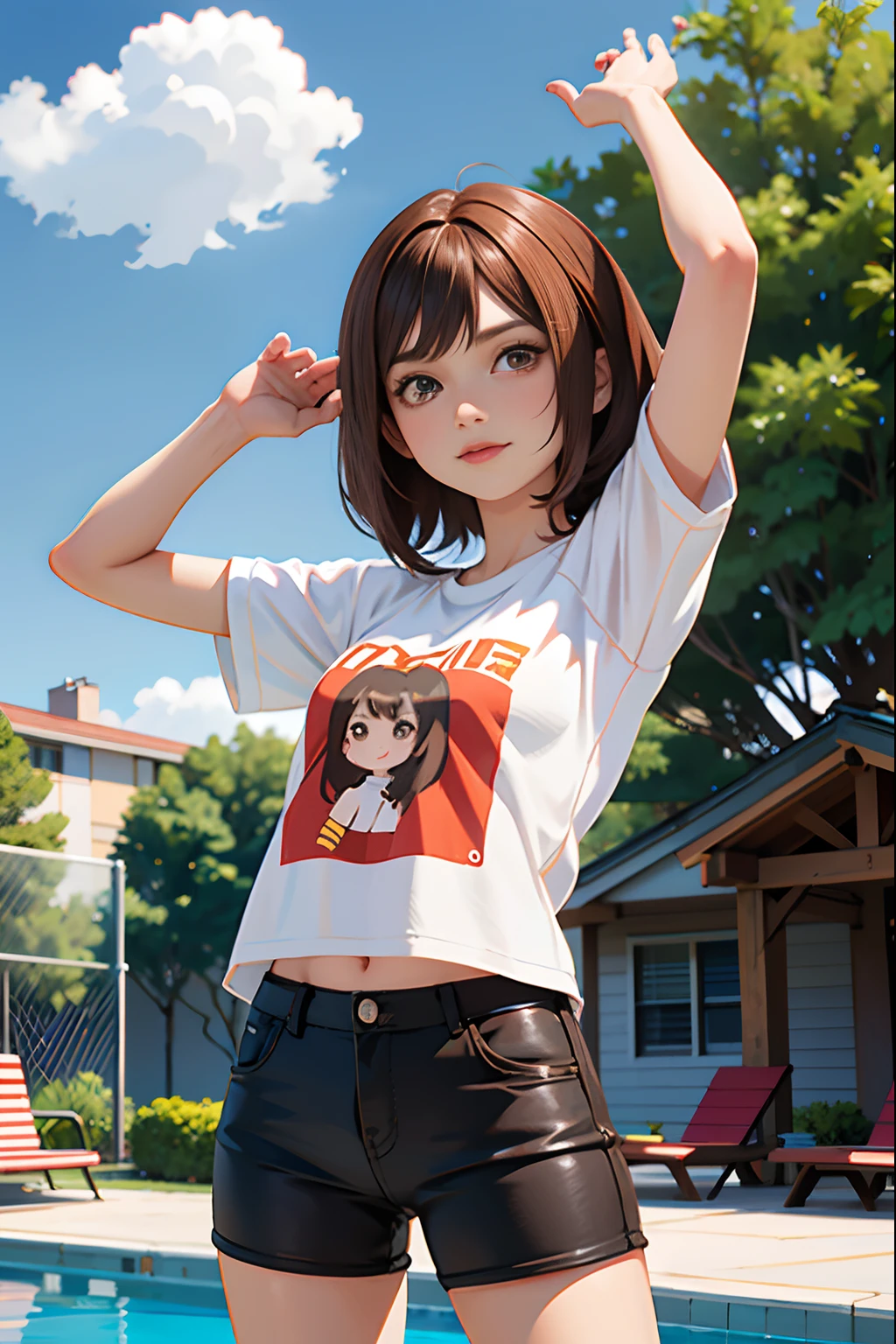 ,La mejor calidad ,por el ancho  , Chica anime caucásica max caulfield ,ojos grandes , , Pelo castaño , feliz , , piel suave, , ojos expresivos , , , Camiseta roja de manga larga, pantalones cortos , piscina