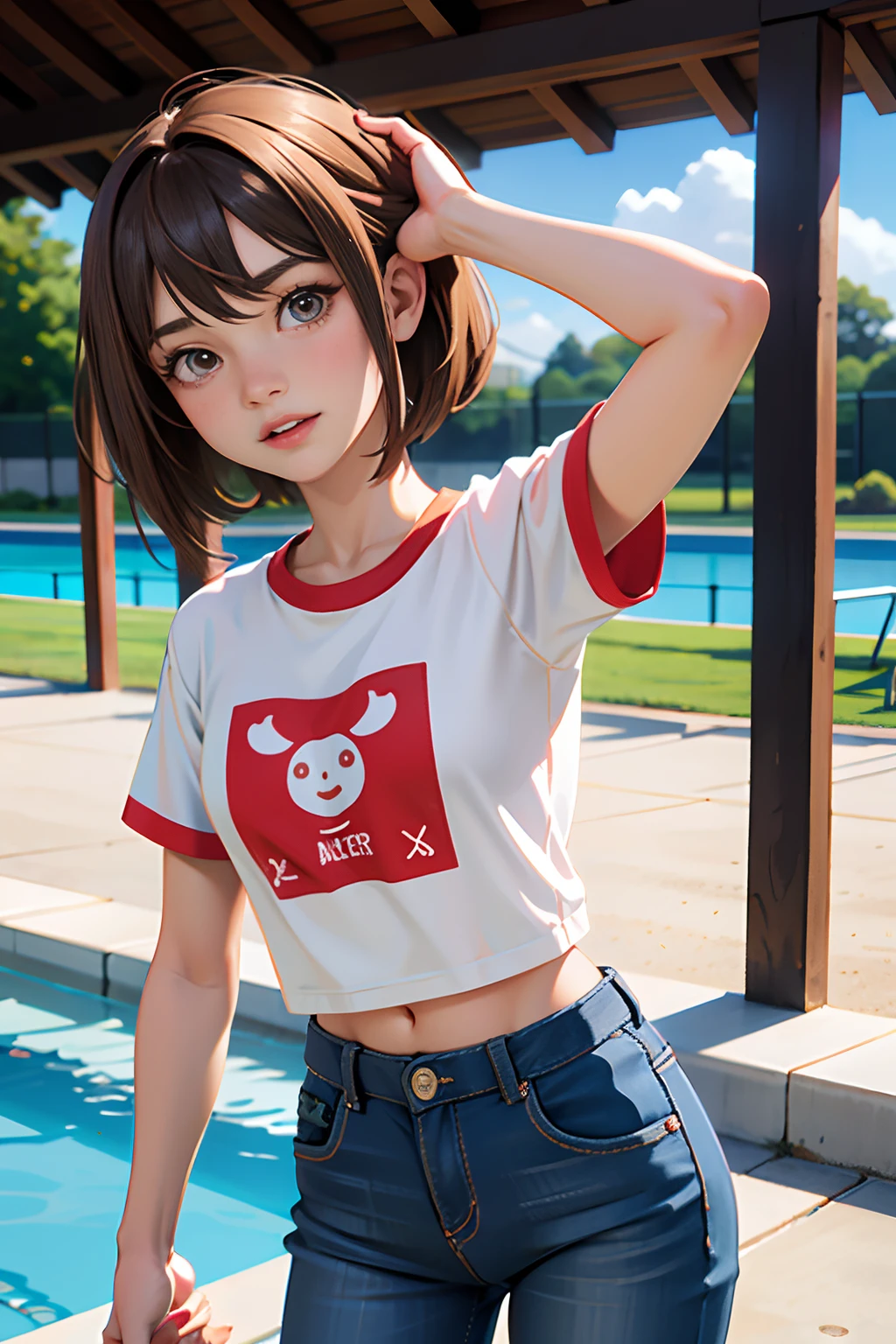 ,La mejor calidad ,por el ancho  , Caucasian anime girl max caulfield ,ojos grandes , , brown hair , feliz , , piel suave, , ojos expresivos , , , Camiseta roja de manga larga, pantalones cortos , Piscina , sit