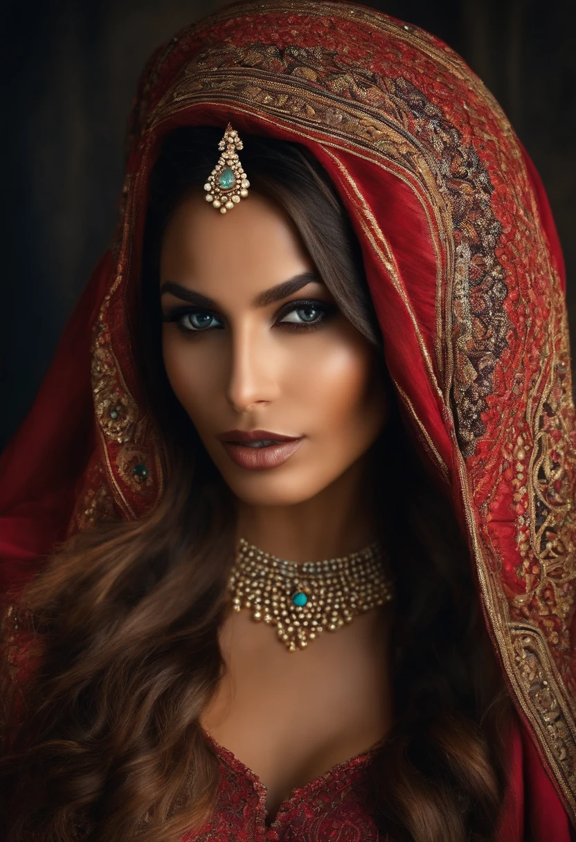 A woman in a red and gold outfit with a veil - SeaArt AI