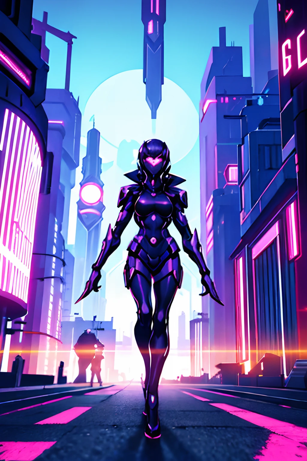 Woman in futuristic outfit walking at 夜晚 through the futuristic streets of the futuristic 賽博朋克 city, 未來主義和高層建築, 夜晚, 未來主義, 賽博朋克,
