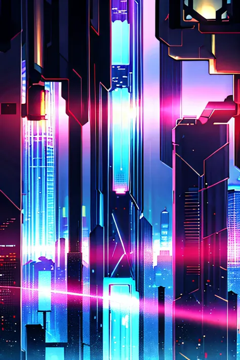 Futuristic Cyberpunk city of night, light and shadows with mirrored glass sparkling skyscrapers.