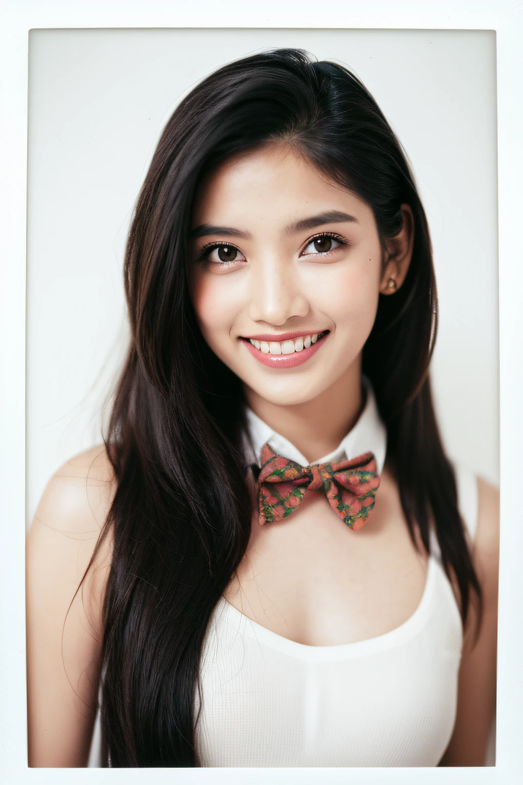 Photo of a Beautiful Indian idol Woman, [Cozy|Floating|smiling] Fitbit, Fangs, Bowtie, field, Spring, film grain, Polaroid, 80mm, Plain white background