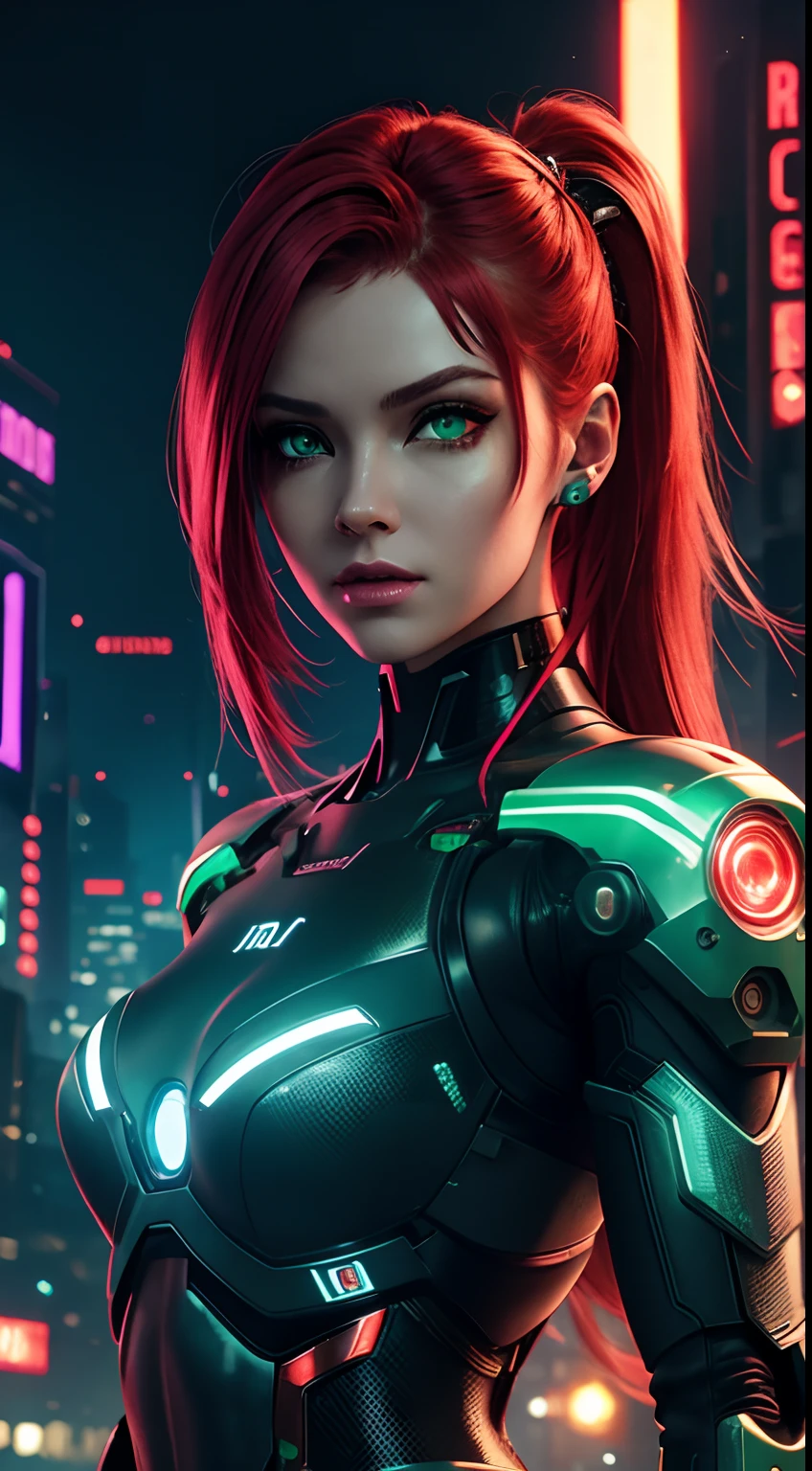 cyborg girl, robot hand, green eyes, cyberpunk city background, neon light, red hair, masterpiece, ultra high details