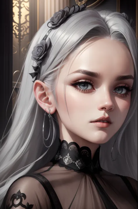 highly detailed, 8k, masterpiece, 1girl, Grey two-tone_hair, dress , , (perfect_face), ornate, intricate, dramatic lighting, 4k, detailed_background, caustics, portrait, , from_side