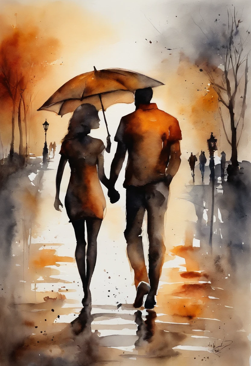 Painting of a couple walking in the rain with an umbrella - SeaArt AI