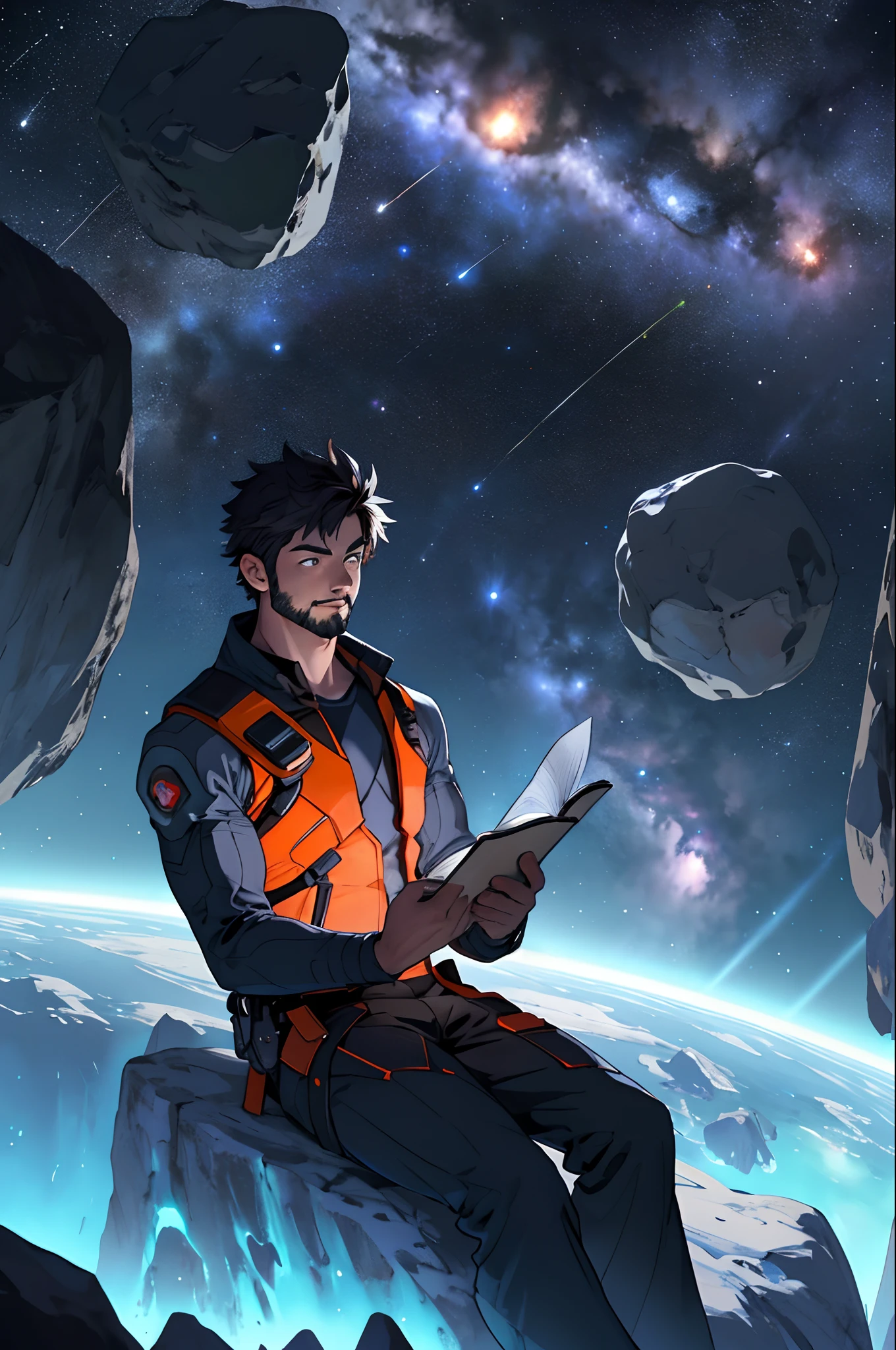 Draw a boy programmer, sitting on a research platform floating in the middle of an asteroid belt. He is studying with a notebook, surrounded by several asteroids glowing with fiery auras. Dramatic lighting from distant stars and planets illuminates the scene, casting deep shadows on the suit. The young man looks confident and determined, looking at the vast and mysterious universe with wonder and respect,facial hair, cowboy shot,