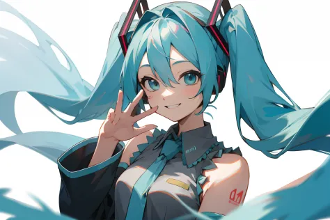 Mikudef, smiling, White background, Is waving , upper body