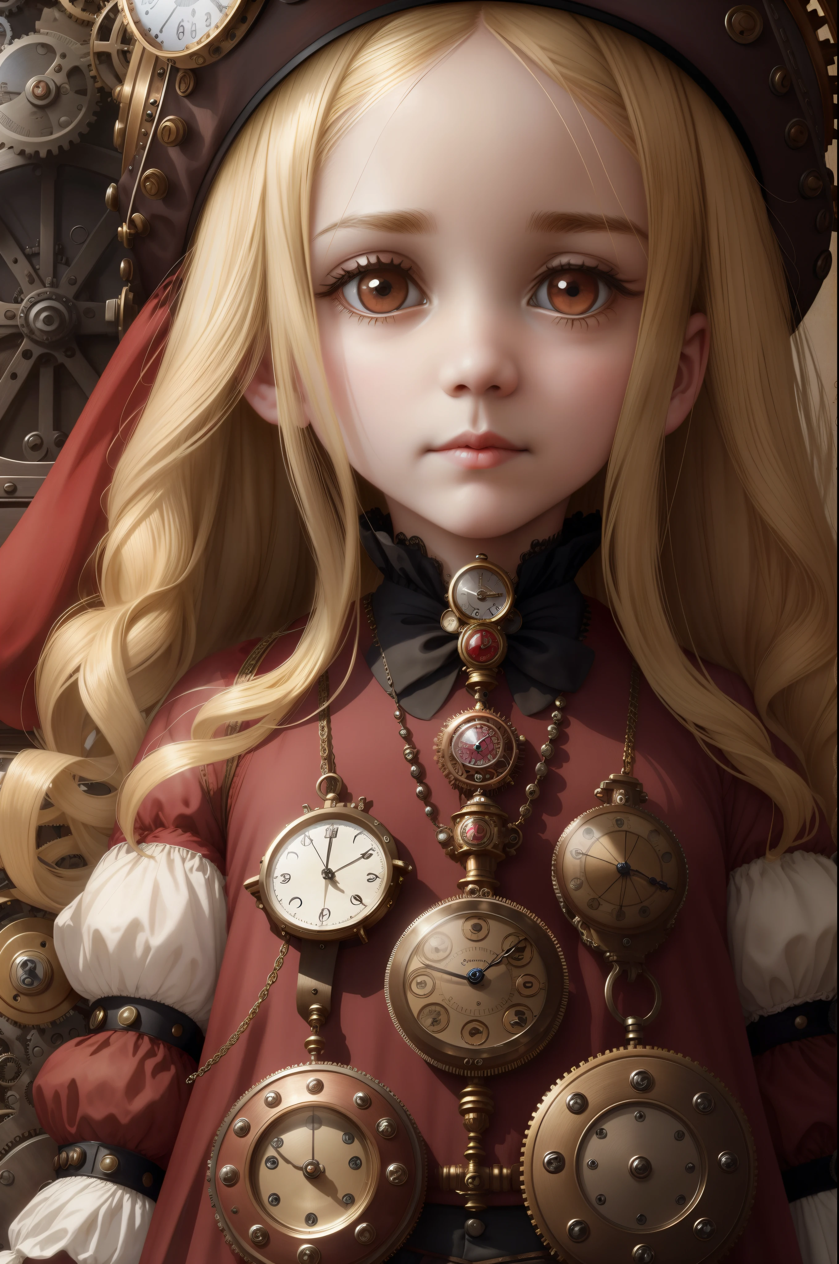 close-up, straight hair blonde short curly child girl the little red hat, clock on necklace, (Victorian era), ((steampunk)), cinematography, worked, elegant, meticulous, magnificent, maximum detail, extremely hyper-aesthetic, intricately detailed, lots of gears, old town background