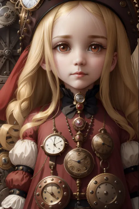 close-up, straight hair blonde short curly child girl the little red hat, clock on necklace, (Victorian era), ((steampunk)), cin...