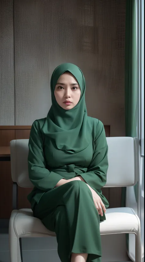 Beautiful fair skin matured malay girl in hijab seating in meeting room angry, 45 years old, milf, angry pose, angry face, meeting room, morning, wearing hijab, pastel color hijab, green office outfit, green suits, small tits, small breast, flat chest, wid...
