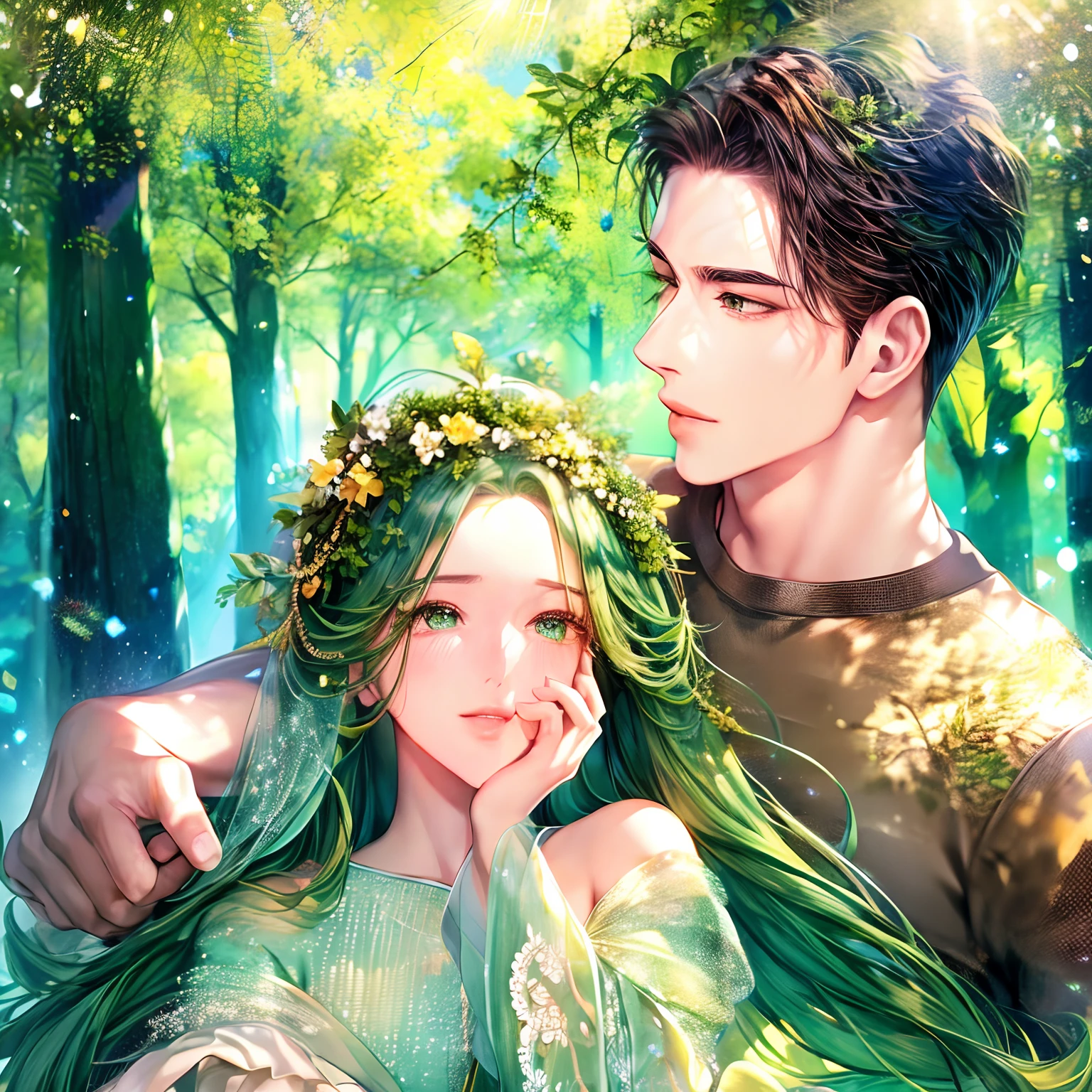 A girl with emerald eyes and green hair is being hugged by a guy with brown hair and blue eyes. The girl is wearing a light green dress adorned with a wreath of clovers on her hair. The image is set against a backdrop of lush greenery and blooming flowers, creating a serene and enchanting atmosphere. The artwork is rendered in a medium that captures the intricate details of their facial features, such as their beautiful eyes, noses, and lips. The colors are vibrant and vivid, with a focus on the shades of green to complement the natural surroundings. The lighting is soft and gentle, casting a warm glow on their faces. The overall quality of the image is of the highest standards, with ultra-detailed elements and a realistic, photorealistic style. The composition conveys a sense of joy, love, and tranquility, inviting the viewers to immerse themselves in this tender moment between the two characters.