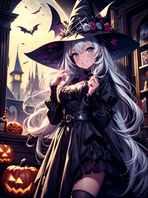 (Best quality,A high resolution,Masterpiece:1.2),Ultra-detailed,Creative Halloween, Cartoon style,Colorful,Playful,Spooky characters, Vibrant background,( Jack-o-lantern helmet:1.3)，Witch hat，Whimsical pumpkins, an enchanted forest, Magical atmosphere, hau...