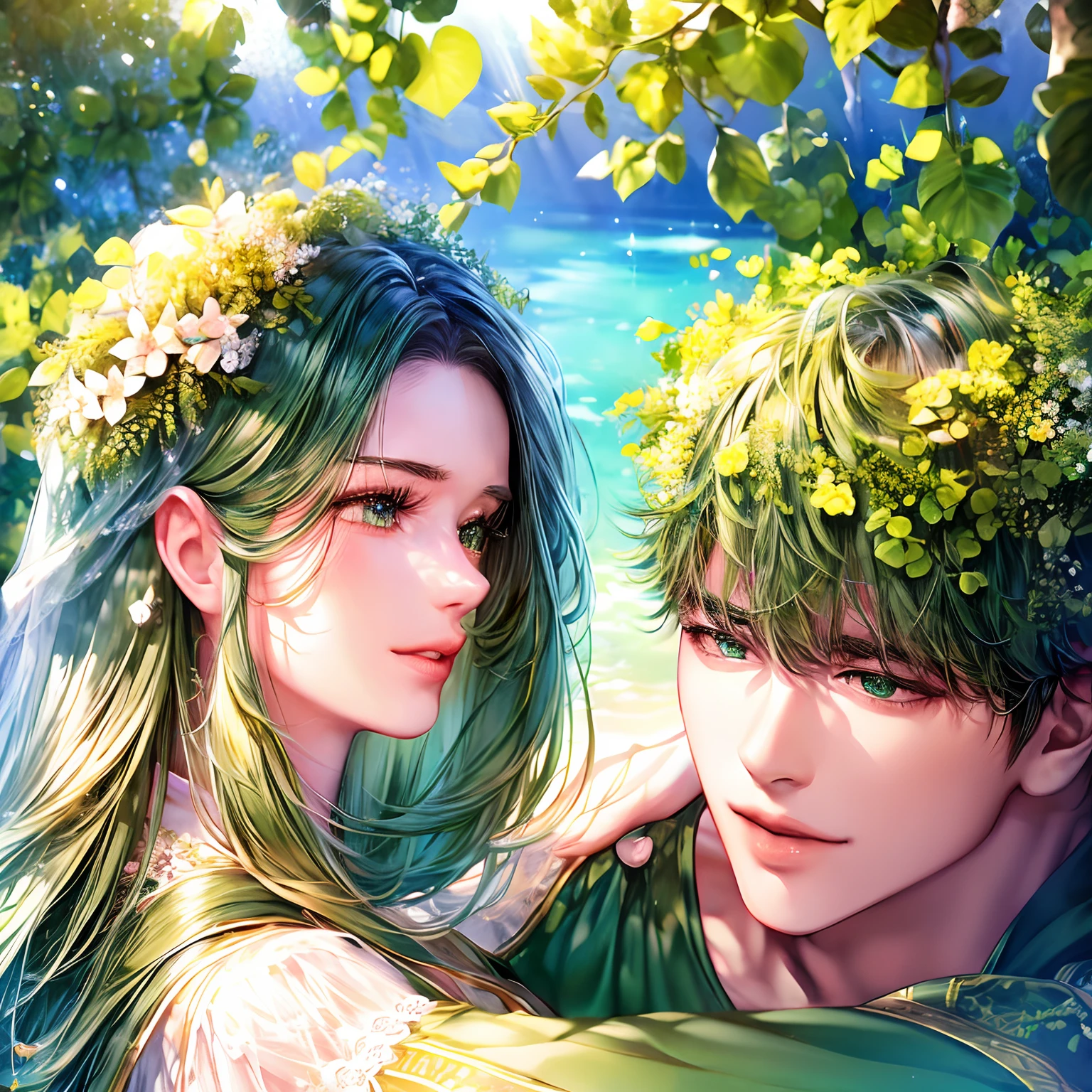 A girl with emerald eyes and green hair is hugged by a guy with brown hair and blue eyes. The girl is dressed in a light green dress, decorated with a clover wreath on her hair. The image is set against a background of lush greenery and blooming flowers, Creating a serene and enchanting atmosphere. The work of art is made in the technique, which captures the intricate details of their facial features, For example, Their beautiful eyes, Noses, and lips. The colors are bright and vibrant, with an emphasis on shades of green, to complement the natural surroundings. The lighting is soft and delicate, casting a warm glow on their faces. The overall image quality is at the highest level, with ultra-detailed elements and realistic, photo realistic style. The composition conveys a sense of joy, Love, and tranquility, inviting viewers to immerse themselves in this tender moment between the two characters.