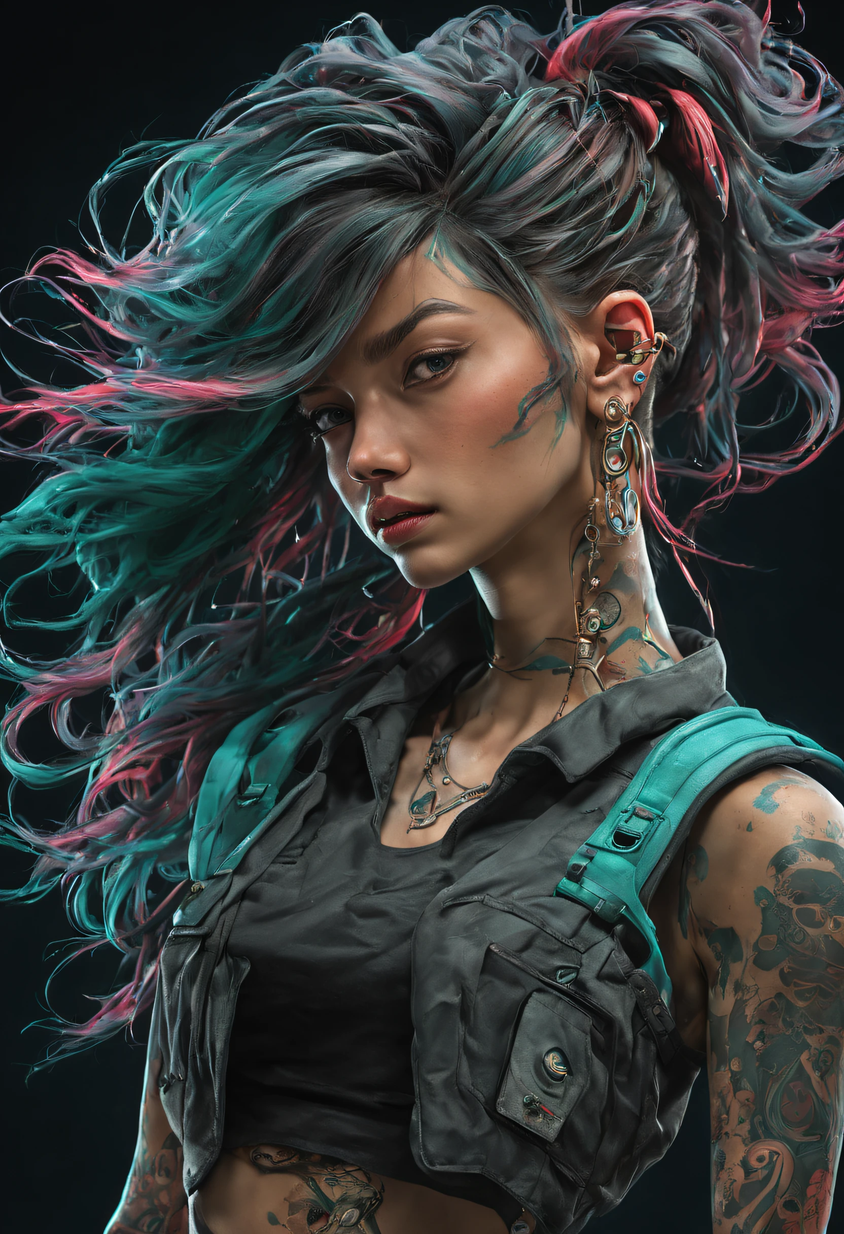 synthwave style, nvinkpunk Detailed portrait cyberpunk (sks woman) (20 year old sks woman), futuristic neon reflective wear, sci-fi, robot parts, perfect face, ((tattoo)), (long hair), matte skin, pores, sharp detail, sharpness, wrinkles, hyperdetailed, hyperrealistic, subsurface scattering, Hasselblad Award Winner, Soft Diffuse Lighting, Smirk, machine face, fine details, realistic shaded, intricate, elegant, award winning half body portrait of a woman in a croptop and cargo pants with ombre navy red teal hairstyle with head in motion and hair flying, paint splashes, splatter, outrun, vaporware, shaded flat illustration, digital art, highly detailed, fine detail, intricate