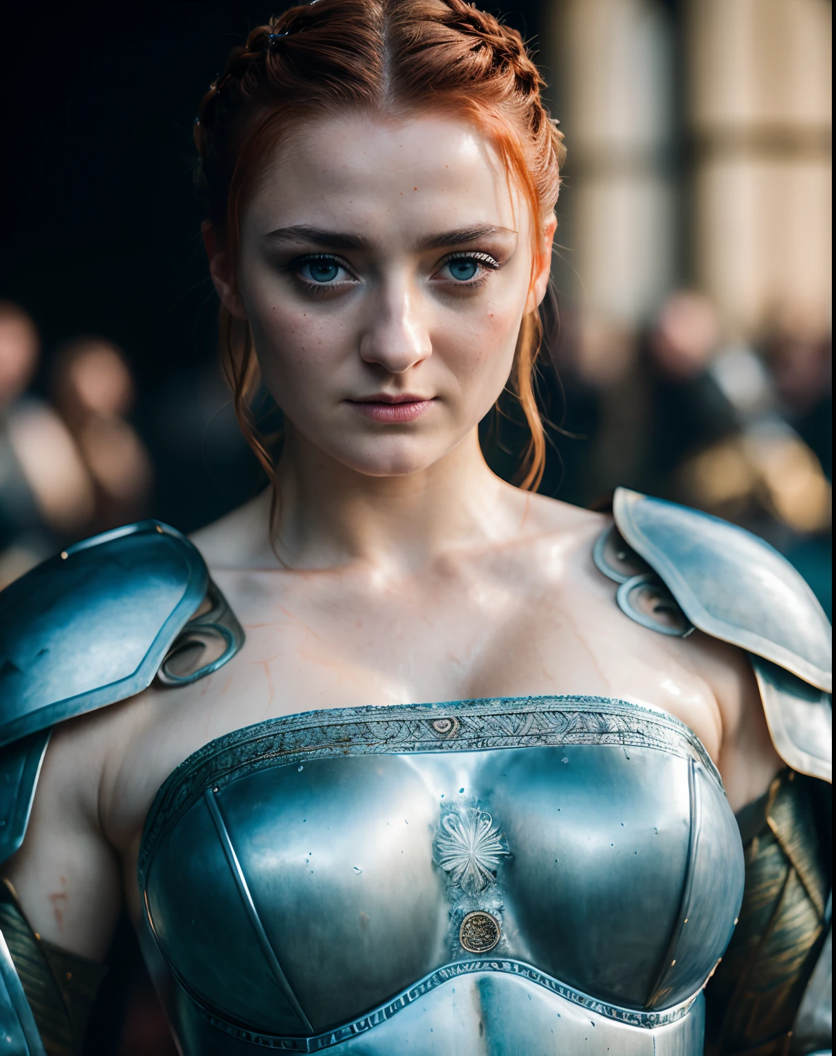 Sansa Stark, Gladiator dress, Full body shot,Mediaeval epic Battlefield background,erotic warrior costumes,standing alone,after battle, fierce looks,one hand up with sword, detailed hairy armpits, victory pose, blood in sword,Standing bravely after battle,battle movie scene,cinematic colour grading,blood stains in dress,fought the battle dominantly,Sansa Stark PLAYED BY Sophie Turner,Queen SANSA STARK,mature,milf, sexy mediaeval battle dress,gladiator woman,body,45 yo Woman,revealing costumes,perky breast,alluring figure,big natural breast,mediaeval costumes,mediaeval queen dress,erotic costumes,lusty physique,((detailed face)), ((detailed facial features)),(finely detailed skin), pale skin,(in a highly detailed sexy mediaeval dress,soft natural light,wet skin,(cool colors), damp, reflections, (masterpiece) (perfect aspect ratio), (realistic photo), (best quality), (detailed) photographed on a Canon EOS R5, 50mm lens, F/2.8, HDR, (8k) (wallpaper) (cinematic lighting) (dramatic lighting) (sharp focus) (intricate), RAW photo, RAW photo, gigachad photo,8k uhd, dslr, high quality, film grain, Fujifilm XT3, extremely detailed,photorealistic, realistic,incredibly absurd, highly detailed, sharp focus,(Professional Studio Lighting),(Professional Color Grading), Edge Lighting,Dramatic lighting,Cinematic lighting,Lumen reflections, Soft natural lighting, Soft color, Photon mapping, Radiosity, (Beautiful eyes), (Detailed eyes),  (Detailed face), symmetrical eyes, sharp eyes, cold face, full body), (HIGH LEVEL OF DETAIL),(wet, oil-lubricated),(sweaty),large breasts, high detailed skin, uncharacterized texture, hyper detailed, realistic skin texture, armor, best quality, ultra high res, (photorealistic: 1.4) high resolution, detailed, raw photo, sharp re, by lee jeffries nikon d850 film stock photography 4 kodak portra 400 camera  F1.6 Lens rich colors hyper realistic texture dramatic lighting UnrealEngine trend in Artstation Cinestill 800, veins in the body, (body and fitness).