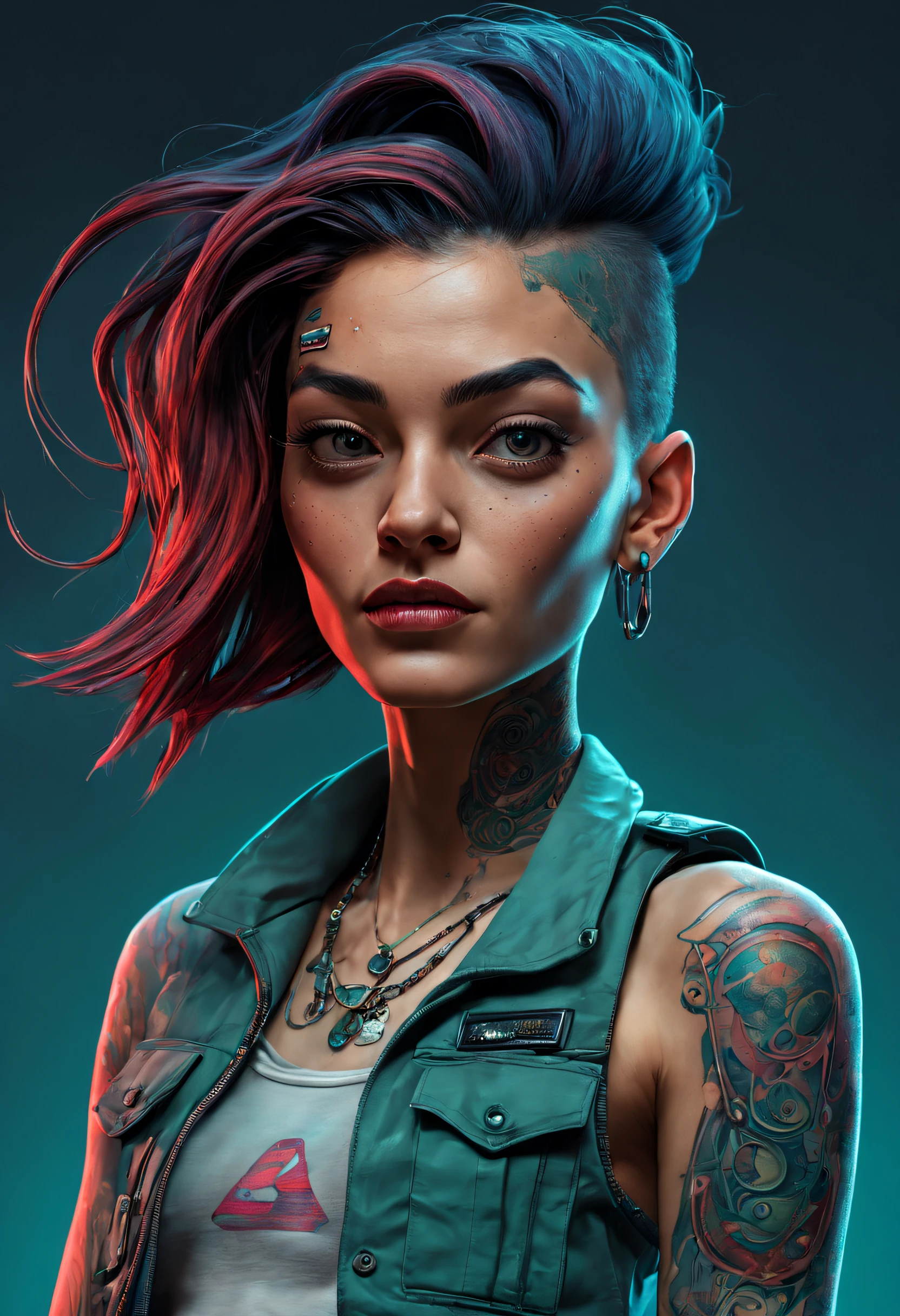 style synthwave, nvinkpunk Portrait détaillé cyberpunk (femme) (20 year old femme), vêtements réfléchissants futuristes au néon, science-fiction, pièces de robots, visage parfait, ((tatouage)), (cheveux longs), peau mate, pores, détail net, acuité, les rides, hyperdétaillé, hyperréaliste, diffusion souterraine, Lauréat du prix Hasselblad, éclairage doux et diffus, petit sourire satisfait, visage de machine, détail fins, réaliste ombré, complexe, élégant, Portrait demi-corps primé d&#39;une femme dans un croptop et un pantalon cargo avec une coiffure bleu sarcelle rouge ombre avec la tête en mouvement et les cheveux volants, éclaboussures de peinture, éclabousser, dépasser, vaporisateur, illustration plate ombragée, art numérique, très détaillé, détail fin, complexe