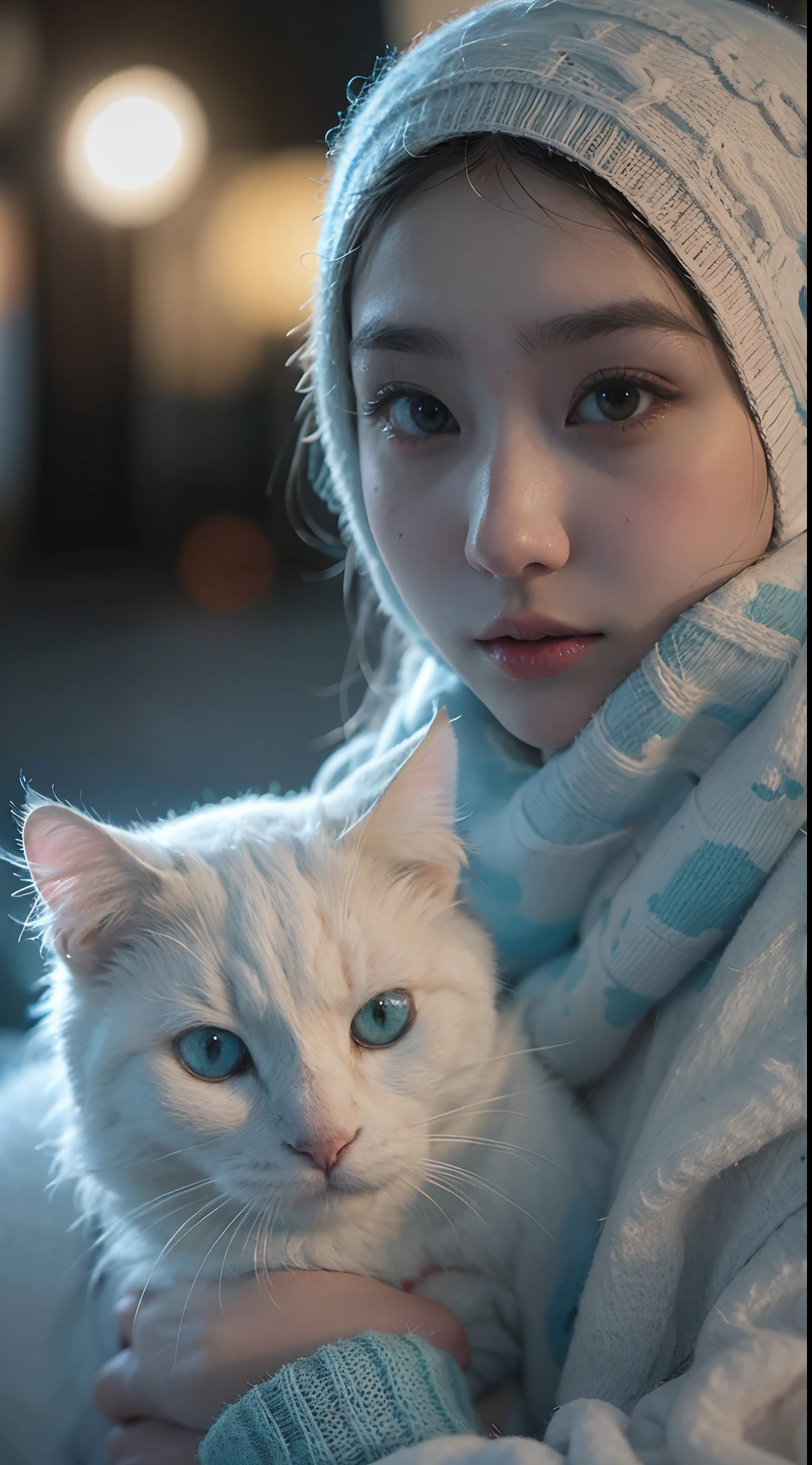 Malay girl drinking glass of milk wearing pastel blue big loose knitted sweater and cotton panties and long knitted sock, posing with her very big white fluffy cat in night KL city street, wearing hijab, cute white cat by her side, pastel color hijab, petite body, high quality, Super 8mm lense, Extreme close-up, High Contrast cinematography effect, Natural Lighting, Desaturate color grading, high quality, ultra detail, 8k resolution,