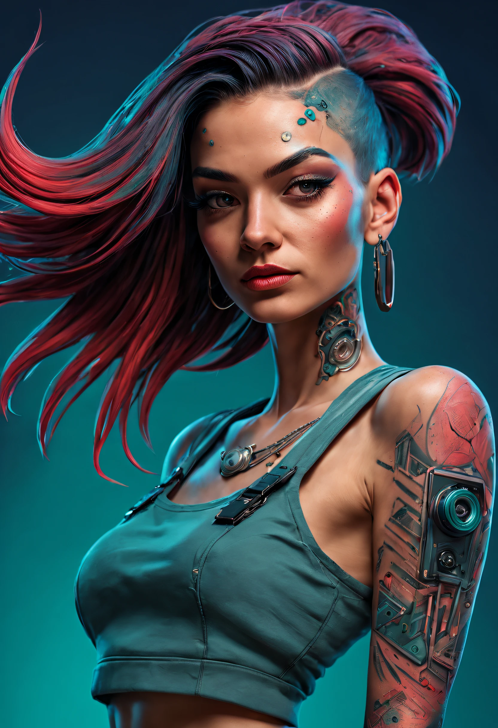 synthwave style, nvinkpunk Detailed portrait cyberpunk (sks woman) (20 year old sks woman), futuristic neon reflective wear, sci-fi, robot parts, perfect face, ((tattoo)), (long hair), matte skin, pores, sharp detail, sharpness, wrinkles, hyperdetailed, hyperrealistic, subsurface scattering, Hasselblad Award Winner, Soft Diffuse Lighting, Smirk, machine face, fine details, realistic shaded, intricate, elegant, award winning half body portrait of a woman in a croptop and cargo pants with ombre navy red teal hairstyle with head in motion and hair flying, paint splashes, splatter, outrun, vaporware, shaded flat illustration, digital art, highly detailed, fine detail, intricate