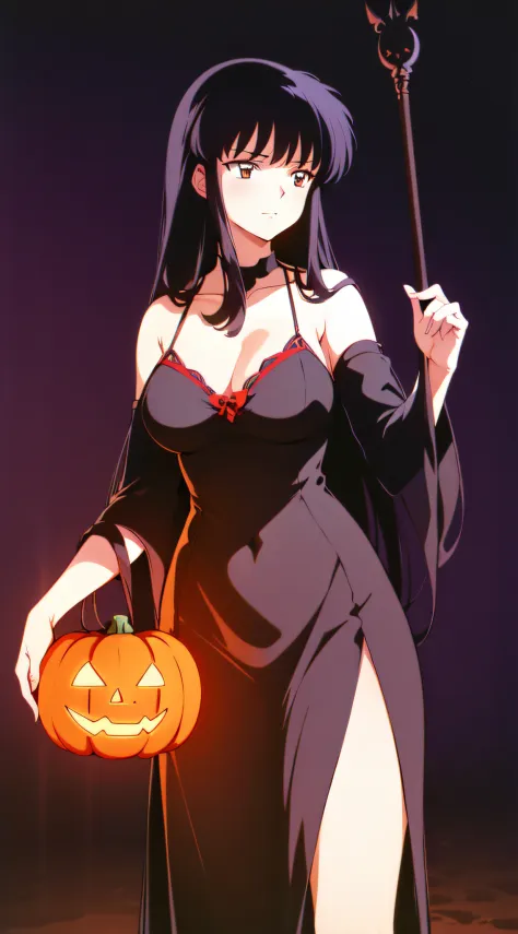 masterpiece, best quality, 1 girl, solo, Kikyo as witch, halloween background, witch,bats, evil pumpkins