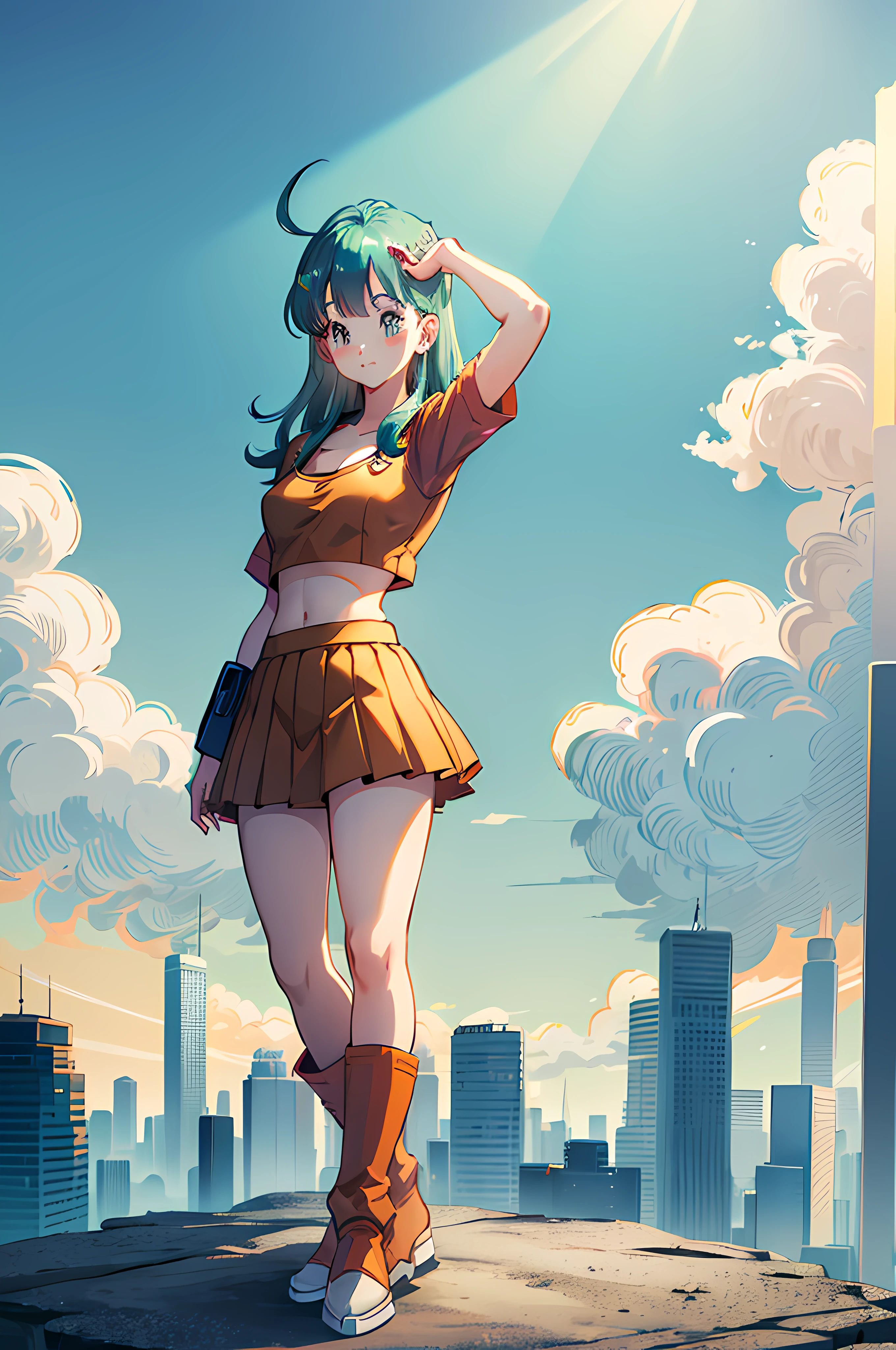 (masterpiece), best quality, (Highly Detailed CG Unity 8k wallpaper), Detailed background, city landscape, skyline,   (Hands by Guido Daniele: 0.5), First person perspective, 1, Beautiful human girl who is attractive and perfect, teenager,  (long turquoise hair), (curvaceous), (hourglass figure), (goku gi crop top) , (blue waist sash), ((black thigh high socks)),   (navel), (orange pleated skirt), (seductive standing legs crossed sexy), legs crossed, slender legs (UGG boots), (white thighs: 1.12), (Ahoge: 1.13),  side angle full body view, (princess style medium long hair:1.12), (turquoise eyes: 1.13), Look at the viewer, big, ((cleavage)),SFW, beautiful face, (Blush: 0.90), (Smile: 1.11)expressive eyes, perfect face, medium breasts,