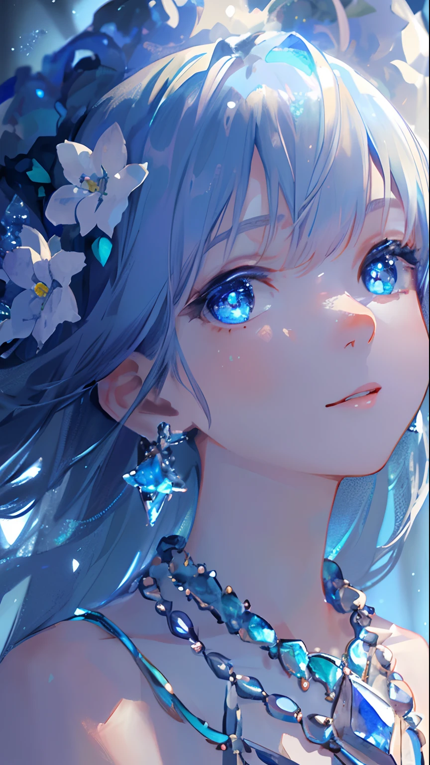 masterpiece, best quality, illustration, sax blue, platinum earrings, platinum necklace, white dress, 1girl, cute, (dynamic lighting:1.2), cinematic lighting, delicate facial features, detailed eyes, sharp pupils, realistic pupils, depth of field, bokeh, sharp focus, (hyper-detailed, bloom, glow:1.4), many small gems