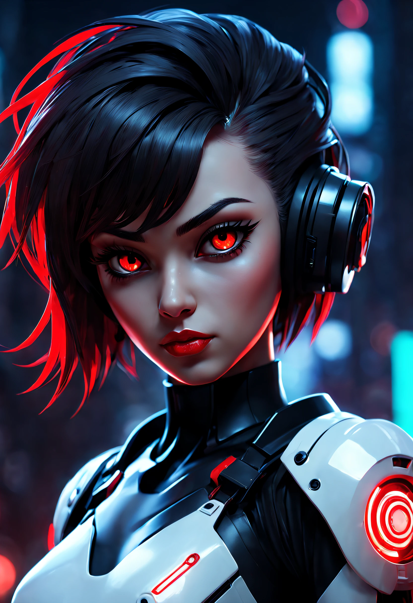 a detallado potrait of a cyberpunk cyborg girl with black and red parts, cara perfecta, realistic shaded cara perfecta, detallado. 
Ajuste nocturno. Póster realista con iluminación sombreada de Ilya Kuvshinov., Motor irreal, 
iluminación global, luz radiante, luz de llanta, ambiente oscuro, medias largas y blancas