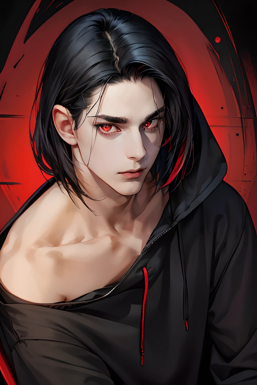 Young guy, (((Shoulder-length black hair))), (((red-eyes))), hooded sweatshirt, black tshirt, hands in pocket, relaxed posture, Relaxed face, ((Perfect Eyes)), ((Equal Eyes)), Extremely detailed, portraite of a, (((Face and eye detailing:1.2))), 8K, (Masterpiece:1.0), (((Best_Quality:1.0))), (((1 guy)))