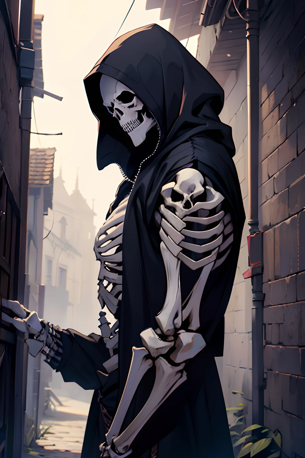 undead, skeleton, humanoid, knave, frontal view, stands, Killer's clothes, Face Bones, Skeleton Alive, Medieval Assassin Clothes, undead, Fully skeleton, Killer's clothes, knave , Assassin, Assassin's Clothes