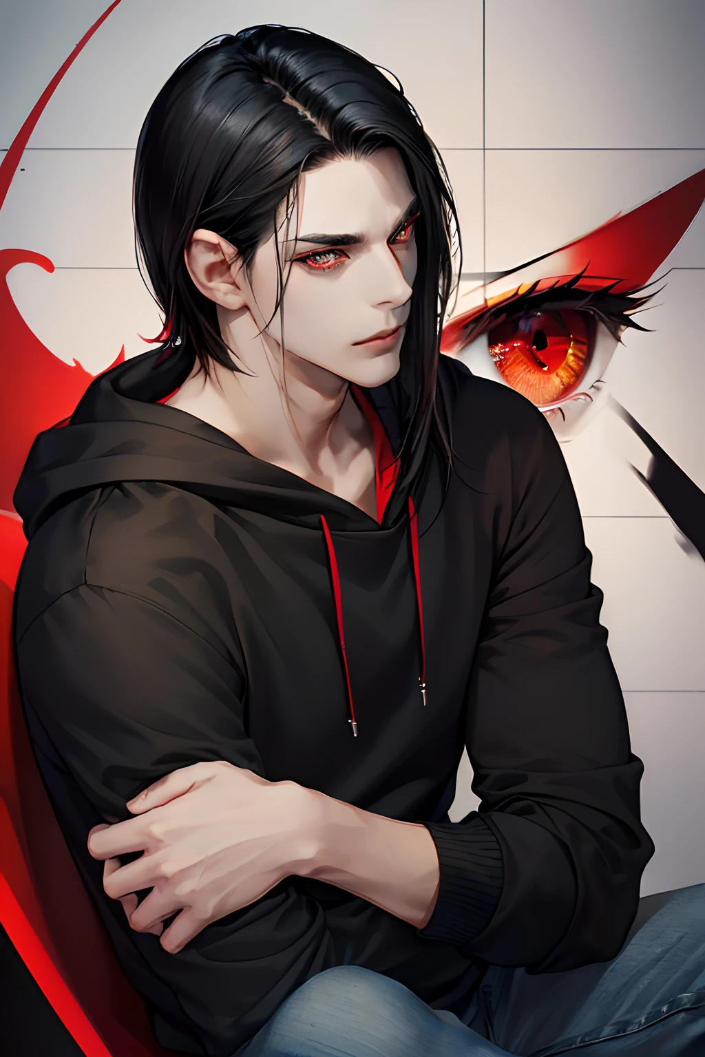 Young guy, (((Shoulder-length black hair))), (((red-eyes))), Green hoodie, black tshirt, hands in pocket, relaxed posture, Relaxed face, ((Perfect eyes)), ((Equal Eyes)), Extremely detailed, portraite of a, (((Face and eye detailing:1.2))), 8K, (Masterpiece:1.0), (((Best_Quality:1.0))), (((1 guy)))