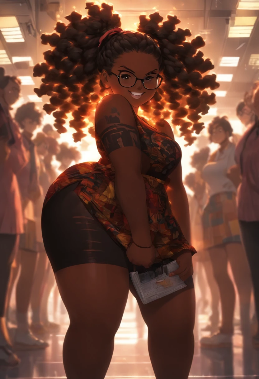 A woman with glasses and a short skirt standing in front of a crowd -  SeaArt AI