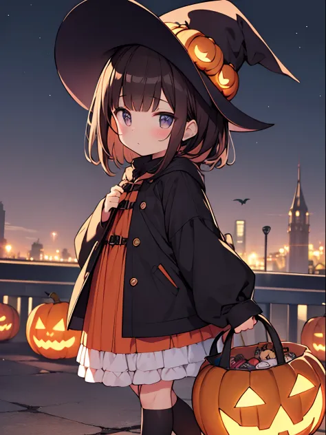 Halloween, costumes, brown hair, black hair, jack o lantern, cute, Cute cityscape at night, little witch,walking,infant,loli,(child)