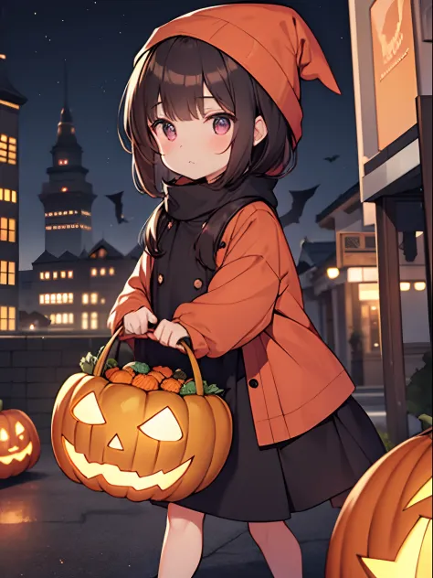 Halloween, costumes, brown hair, black hair, jack o lantern, cute, Cute cityscape at night, little witch,walking,infant,loli,(child)