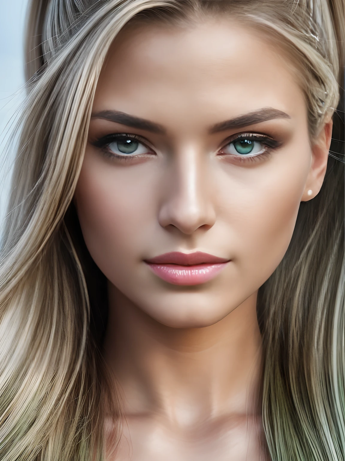 Cinematic soft lighting illuminates a stunningly detailed and ultra-realistic beautiful Greek supermodel, ((frontal portrait)), beach look, long messy windy dark blonde hair, ((ponytail hairstyle)), ((clear green eyes)), captivating perfect smile, sensual, hot woman, gorgeous, that is trending on ArtStation. Octane is the perfect tool to capture the softest details of this 16k photography masterpiece.