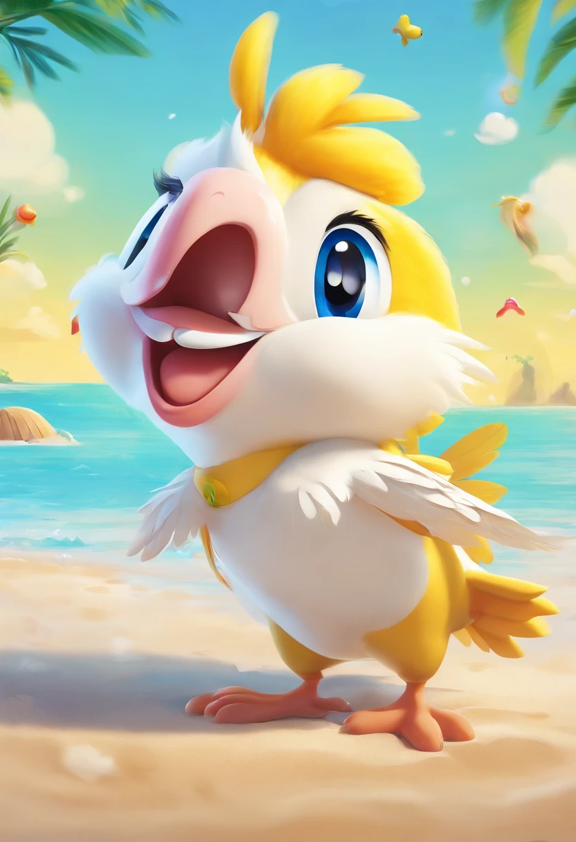 Disney Pixar Style Poster Cockatiel Female Wild Pearl Happy Playing on the Beach