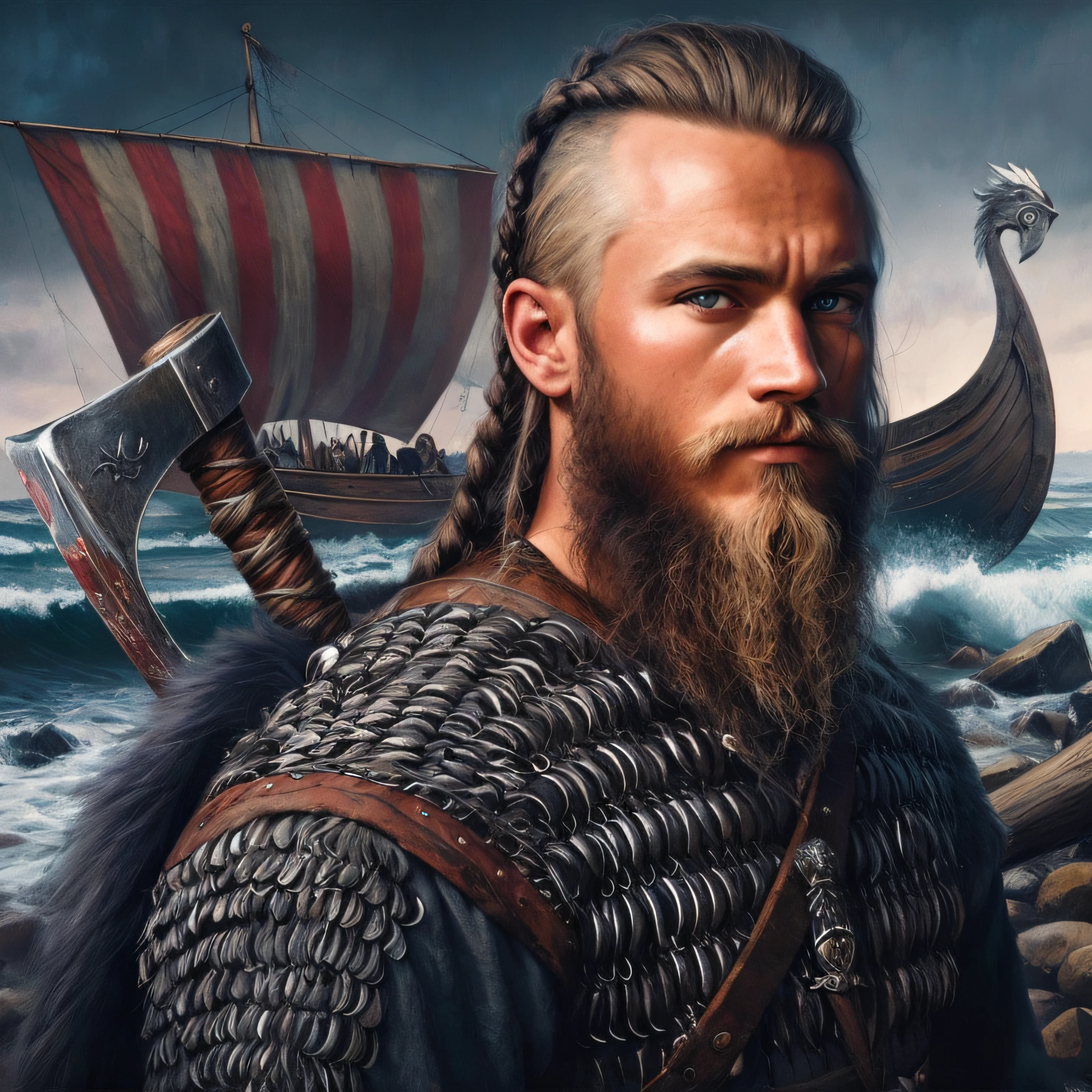 Man with beard and Viking helmet standing in front of a boat, Portrait of a Viking, viking warrior, Epic Viking King, Ride Viking, viking style, VIKINGS, Painted portrait of the injured Odin, Viking Bom, Viking Culture, Viking Berserker, norse warrior, barba viking, Ancient Viking Warrior, viking heaven, Norse, Viking and Templar aesthetics