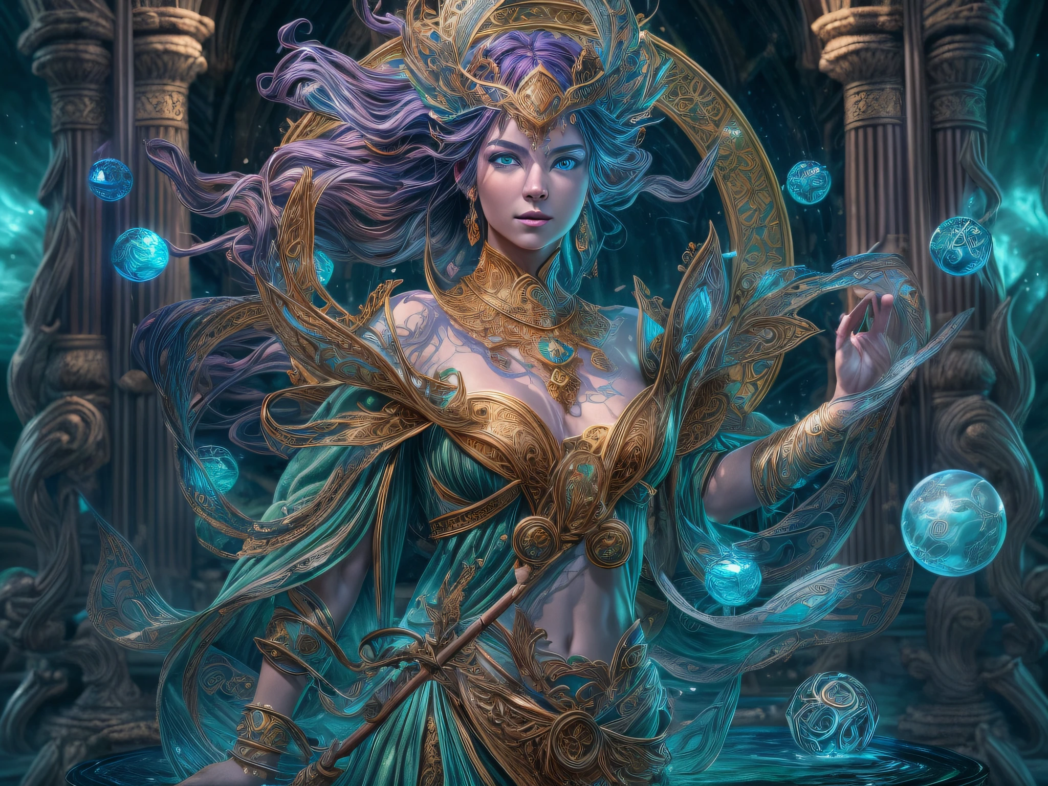 high details, best quality, 8k, [ultra detailed], masterpiece, best quality, (extremely detailed), (full body: 1.3) ultra wide shot, photorealistic, fantasy art, dnd art, rpg art, realistic art, an ultra wide picture of a female human (1.5 intricate details, Masterpiece, best quality) godess of water  ((watery radiant aura)), controlling a swirling streams of watery magic realflow (1.5 intricate details, Masterpiece, best quality), manipulating purple radiant magical symbols, [[divine symbols]] (1.5 intricate details, Masterpiece, best quality), human female, blue  hair, long hair with aura, hair with green radiant eyes, intense eyes, holding a staff, ((radiant eyes)), (( green glowing eyes)), dynamic clothing, magical library, with many books, and magical runes and wards, glowing arcane sigils GlowingRunes_paleblue, crystal ball (best details, Masterpiece, best quality) on table, runes on crystal balls GlowingRunes_yellow, fantasy magical library background (best details, Masterpiece, best quality), Ultra-Wide Angle, high detail, award winning, best quality, HD, 16K, 3D rendering, high details, best quality, highres, ultra wide angle, 3D rendering, [[anatomically correct]] realflow