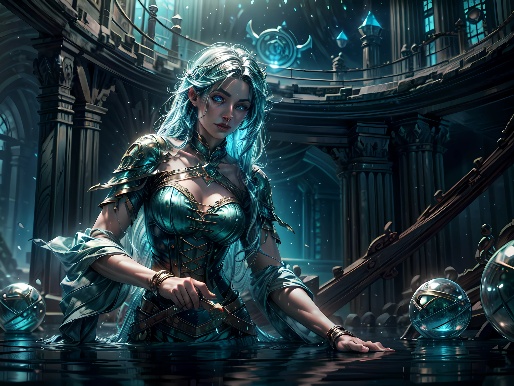 high details, best quality, 8k, [ultra detailed], masterpiece, best quality, (extremely detailed), full body, ultra wide shot, photorealistic, fantasy art, dnd art, rpg art, realistic art, an ultra wide picture of a female human (1.5 intricate details, Masterpiece, best quality) godess of water  ((watery radiant aura)), controlling a swirling streams of watery magic realflow (1.5 intricate details, Masterpiece, best quality), manipulating purple radiant magical symbols, [[divine symbols]] (1.5 intricate details, Masterpiece, best quality), human female, blue  hair, long hair with aura, hair with green radiant eyes, intense eyes, holding a staff, ((radiant eyes)), (( green glowing eyes)), dynamic clothing, magical library, with many books, and magical runes and wards, glowing arcane sigils GlowingRunes_paleblue, crystal ball (best details, Masterpiece, best quality) on table, runes on crystal balls GlowingRunes_yellow, fantasy magical library background (best details, Masterpiece, best quality), Ultra-Wide Angle, high detail, award winning, best quality, HD, 16K, 3D rendering, high details, best quality, highres, ultra wide angle, 3D rendering, [[anatomically correct]] realflow