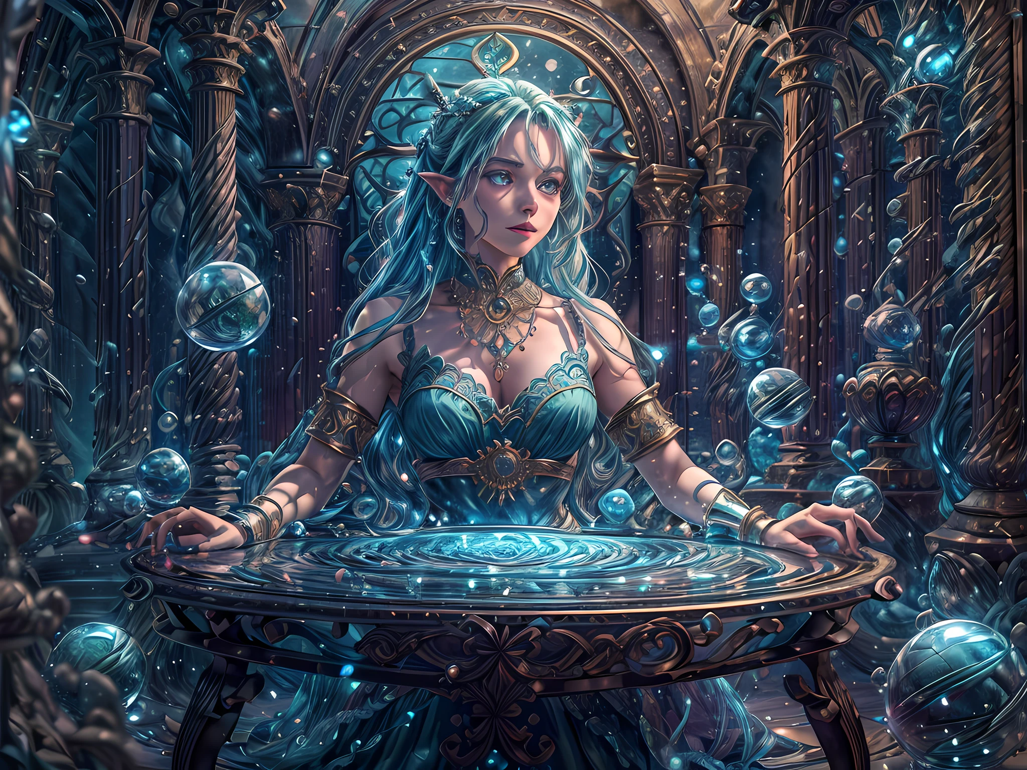 high details, best quality, 8k, [ultra detailed], masterpiece, best quality, (extremely detailed), (full body: 1.3) ultra wide shot, photorealistic, fantasy art, dnd art, rpg art, realistic art, an ultra wide picture of a female human (1.5 intricate details, Masterpiece, best quality) godess of water  ((watery radiant aura)), controlling a swirling streams of watery magic realflow (1.5 intricate details, Masterpiece, best quality), manipulating purple radiant magical symbols, [[divine symbols]] (1.5 intricate details, Masterpiece, best quality), human female, blue  hair, long hair with aura, hair with green radiant eyes, intense eyes, holding a staff, ((radiant eyes)), (( green glowing eyes)), dynamic clothing, magical library, with many books, and magical runes and wards, glowing arcane sigils GlowingRunes_paleblue, crystal ball (best details, Masterpiece, best quality) on table, runes on crystal balls GlowingRunes_yellow, fantasy magical library background (best details, Masterpiece, best quality), Ultra-Wide Angle, high detail, award winning, best quality, HD, 16K, 3D rendering, high details, best quality, highres, ultra wide angle, 3D rendering, [[anatomically correct]] realflow